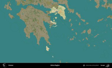 Attica Bölgesi. Yunanistan 'ın idari alanı kararmış Topografik İnsani Yardım Stili Haritasında vurgulandı ve özetlendi