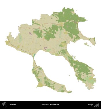 Chalkidiki Bölgesi. Yunanistan 'ın idari bölgesi Topografik İnsani Stil Haritasında beyaza izole edildi
