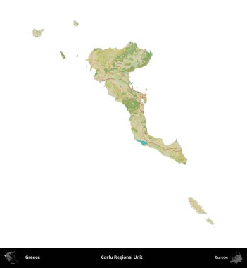 Korfu Bölgesel Birimi. Yunanistan 'ın idari bölgesi Topografik İnsani Stil Haritasında beyaza izole edildi