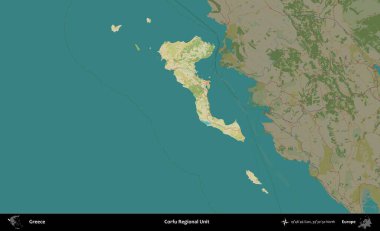 Korfu Bölgesel Birimi. Yunanistan 'ın idari alanı kararmış Topografik İnsani Yardım Stili Haritasında vurgulandı ve özetlendi