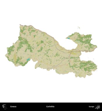 Korinthia 'da. Yunanistan 'ın idari bölgesi Topografik İnsani Stil Haritasında beyaza izole edildi
