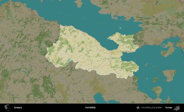Korinthia 'da. Yunanistan 'ın idari alanı kararmış Topografik İnsani Yardım Stili Haritasında vurgulandı ve özetlendi