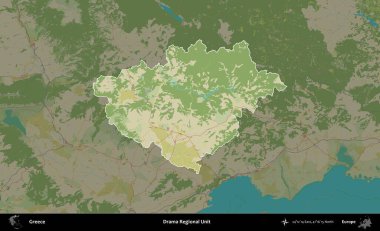 Drama Bölgesel Birimi. Yunanistan 'ın idari alanı kararmış Topografik İnsani Yardım Stili Haritasında vurgulandı ve özetlendi