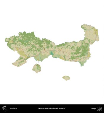 Doğu Makedonya ve Trakya. Yunanistan 'ın idari bölgesi Topografik İnsani Stil Haritasında beyaza izole edildi