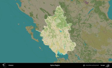 Epirus Bölgesi. Yunanistan 'ın idari alanı kararmış Topografik İnsani Yardım Stili Haritasında vurgulandı ve özetlendi