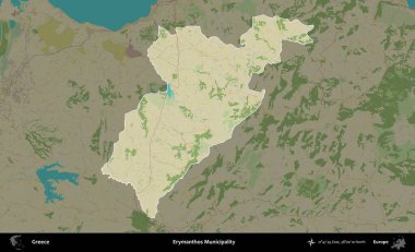 Erymanthos Belediyesi. Yunanistan 'ın idari alanı kararmış Topografik İnsani Yardım Stili Haritasında vurgulandı ve özetlendi
