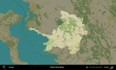 Filiates Belediyesi. Yunanistan 'ın idari alanı kararmış Topografik İnsani Yardım Stili Haritasında vurgulandı ve özetlendi