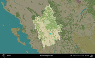 Ioannina Bölgesel Birimi. Yunanistan 'ın idari alanı kararmış Topografik İnsani Yardım Stili Haritasında vurgulandı ve özetlendi