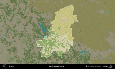 Karditsa Belediyesi. Yunanistan 'ın idari alanı kararmış Topografik İnsani Yardım Stili Haritasında vurgulandı ve özetlendi