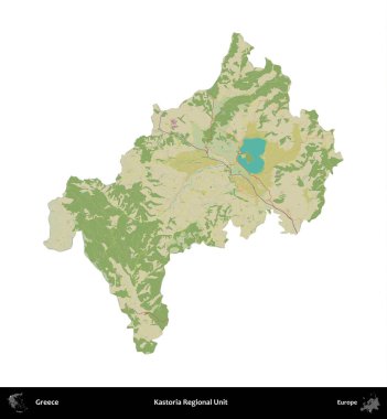 Kastoria Bölgesel Birimi. Yunanistan 'ın idari bölgesi Topografik İnsani Stil Haritasında beyaza izole edildi