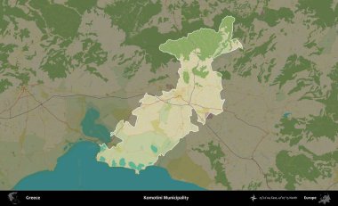 Komotini Belediyesi. Yunanistan 'ın idari alanı kararmış Topografik İnsani Yardım Stili Haritasında vurgulandı ve özetlendi