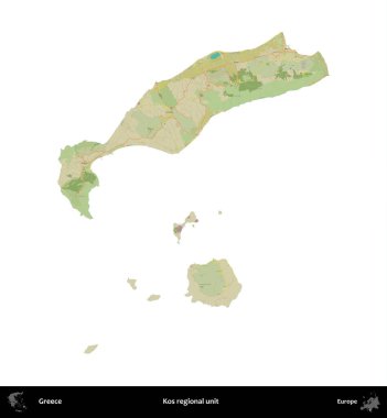 Kos bölgesel birimi. Yunanistan 'ın idari bölgesi Topografik İnsani Stil Haritasında beyaza izole edildi