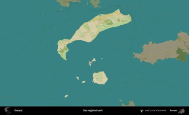 Kos bölgesel birimi. Yunanistan 'ın idari alanı kararmış Topografik İnsani Yardım Stili Haritasında vurgulandı ve özetlendi