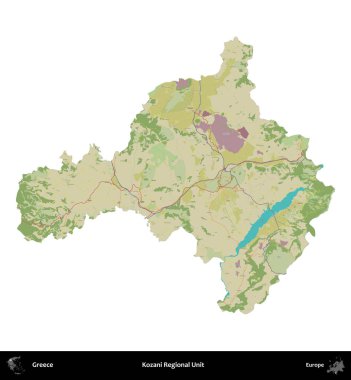 Kozani Bölgesel Birimi. Yunanistan 'ın idari bölgesi Topografik İnsani Stil Haritasında beyaza izole edildi