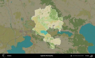 Lagkadas Belediyesi. Yunanistan 'ın idari alanı kararmış Topografik İnsani Yardım Stili Haritasında vurgulandı ve özetlendi