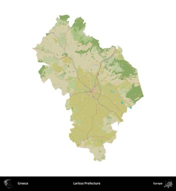 Larissa Bölgesi. Yunanistan 'ın idari bölgesi Topografik İnsani Stil Haritasında beyaza izole edildi