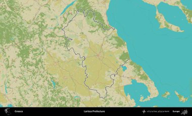 Larissa Bölgesi. Yunanistan 'ın idari alanı Topografik İnsani Stil Haritasında özetlendi