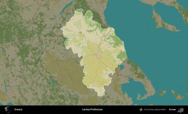 Larissa Bölgesi. Yunanistan 'ın idari alanı kararmış Topografik İnsani Yardım Stili Haritasında vurgulandı ve özetlendi