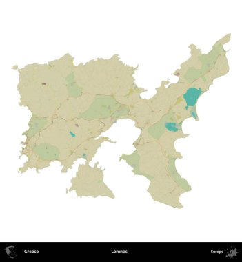 Lemnos. Yunanistan 'ın idari bölgesi Topografik İnsani Stil Haritasında beyaza izole edildi