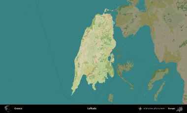 Lefkada. Yunanistan 'ın idari alanı kararmış Topografik İnsani Yardım Stili Haritasında vurgulandı ve özetlendi