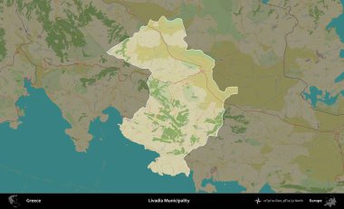 Livadia Belediyesi. Yunanistan 'ın idari alanı kararmış Topografik İnsani Yardım Stili Haritasında vurgulandı ve özetlendi