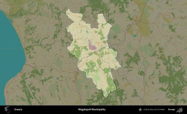 Megalopoli Belediyesi. Yunanistan 'ın idari alanı kararmış Topografik İnsani Yardım Stili Haritasında vurgulandı ve özetlendi