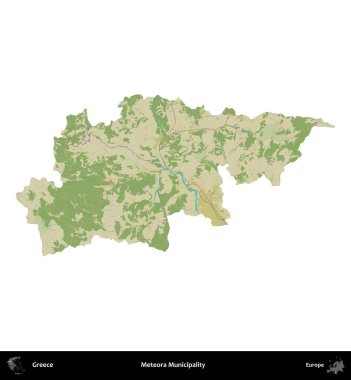 Meteora Belediyesi. Yunanistan 'ın idari bölgesi Topografik İnsani Stil Haritasında beyaza izole edildi