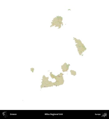 Milos Bölgesel Birimi. Yunanistan 'ın idari bölgesi Topografik İnsani Stil Haritasında beyaza izole edildi