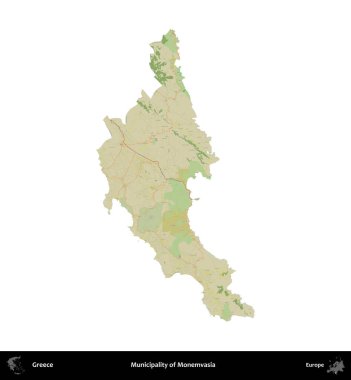 Monemvasia Belediyesi. Yunanistan 'ın idari bölgesi Topografik İnsani Stil Haritasında beyaza izole edildi