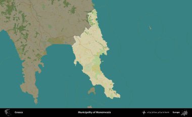 Monemvasia Belediyesi. Yunanistan 'ın idari alanı kararmış Topografik İnsani Yardım Stili Haritasında vurgulandı ve özetlendi