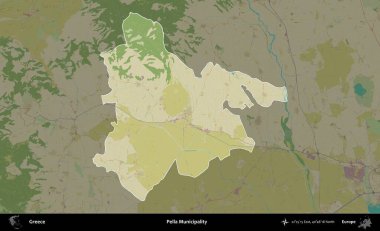 Pella Belediyesi. Yunanistan 'ın idari alanı kararmış Topografik İnsani Yardım Stili Haritasında vurgulandı ve özetlendi