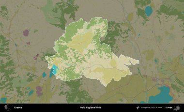 Pella Bölgesel Birimi. Yunanistan 'ın idari alanı kararmış Topografik İnsani Yardım Stili Haritasında vurgulandı ve özetlendi