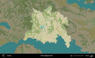 Focis Bölgesel Birimi. Yunanistan 'ın idari alanı kararmış Topografik İnsani Yardım Stili Haritasında vurgulandı ve özetlendi