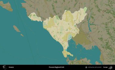 Preveza Bölgesel Birimi. Yunanistan 'ın idari alanı kararmış Topografik İnsani Yardım Stili Haritasında vurgulandı ve özetlendi