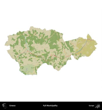 Pyli Belediyesi. Yunanistan 'ın idari bölgesi Topografik İnsani Stil Haritasında beyaza izole edildi