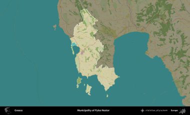 Pylos-Nestor Belediyesi. Yunanistan 'ın idari alanı kararmış Topografik İnsani Yardım Stili Haritasında vurgulandı ve özetlendi