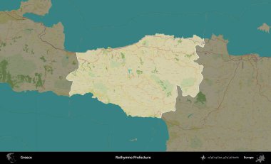 Rethymno Bölgesi. Yunanistan 'ın idari alanı kararmış Topografik İnsani Yardım Stili Haritasında vurgulandı ve özetlendi