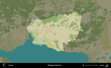 Rodop Bölgesi. Yunanistan 'ın idari alanı kararmış Topografik İnsani Yardım Stili Haritasında vurgulandı ve özetlendi