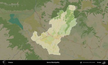 Serres Belediyesi. Yunanistan 'ın idari alanı kararmış Topografik İnsani Yardım Stili Haritasında vurgulandı ve özetlendi