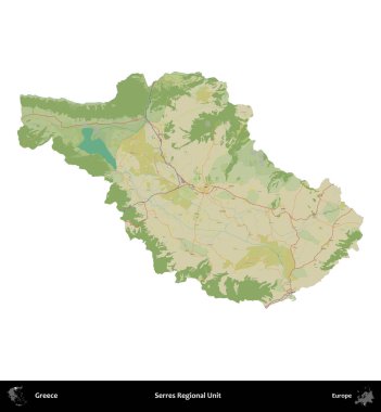Bölgesel Serres Birimi. Yunanistan 'ın idari bölgesi Topografik İnsani Stil Haritasında beyaza izole edildi