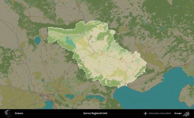 Bölgesel Serres Birimi. Yunanistan 'ın idari alanı kararmış Topografik İnsani Yardım Stili Haritasında vurgulandı ve özetlendi