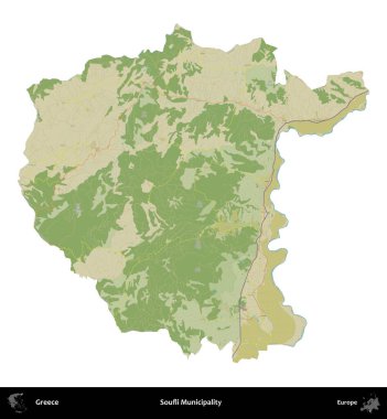 Soufli Belediyesi. Yunanistan 'ın idari bölgesi Topografik İnsani Stil Haritasında beyaza izole edildi