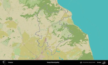 Tempi Belediyesi. Yunanistan 'ın idari alanı Topografik İnsani Stil Haritasında özetlendi