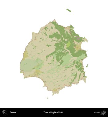 Thasos Bölgesel Birimi. Yunanistan 'ın idari bölgesi Topografik İnsani Stil Haritasında beyaza izole edildi