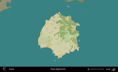Thasos Bölgesel Birimi. Yunanistan 'ın idari alanı kararmış Topografik İnsani Yardım Stili Haritasında vurgulandı ve özetlendi