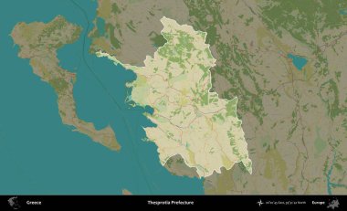 Thesprotia Bölgesi. Yunanistan 'ın idari alanı kararmış Topografik İnsani Yardım Stili Haritasında vurgulandı ve özetlendi
