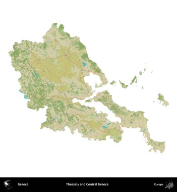 Teselya ve Orta Yunanistan. Yunanistan 'ın idari bölgesi Topografik İnsani Stil Haritasında beyaza izole edildi