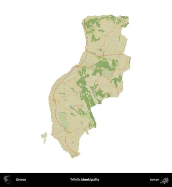 Trifylia Belediyesi. Yunanistan 'ın idari bölgesi Topografik İnsani Stil Haritasında beyaza izole edildi