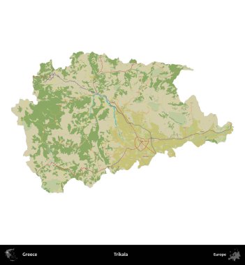 Trikala. Yunanistan 'ın idari bölgesi Topografik İnsani Stil Haritasında beyaza izole edildi