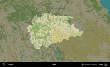 Trikala. Yunanistan 'ın idari alanı kararmış Topografik İnsani Yardım Stili Haritasında vurgulandı ve özetlendi